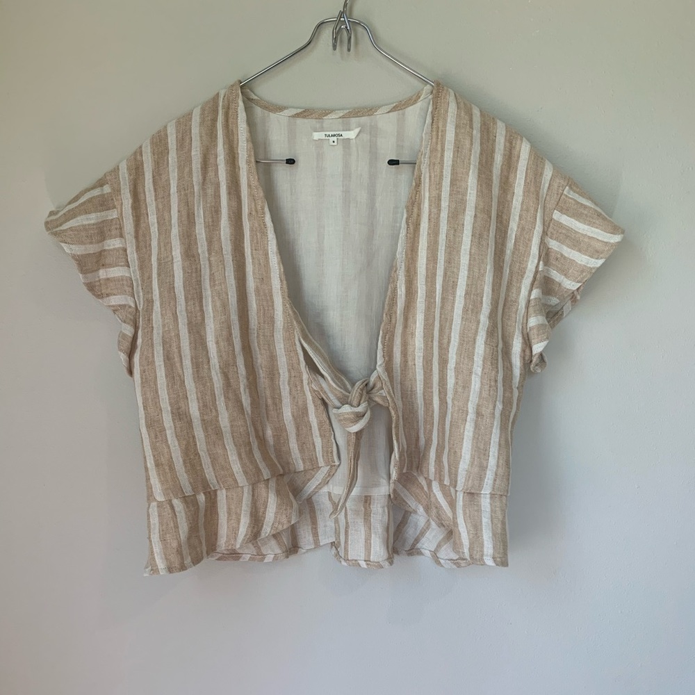 Tularosa knotted beige white striped linen top s